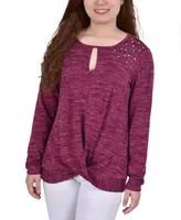 Petite Long Sleeve Knit Keyhole Top