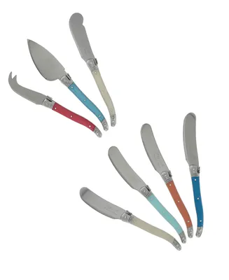 French Home Laguiole Coral and Turquoise Cheese Knife and Spreader Set, 7 Piece