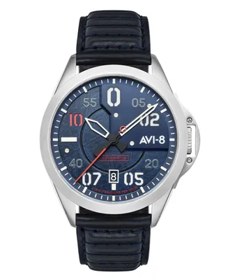Avi-8 Men's P-51 Mustang Hitchcock Automatic Cooperstown Blue Genuine Leather Strap Watch 43mm