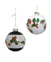 Kurt Adler 80 Mm Holly Leaves and Berries Glass Ball Ornaments 6 Piece Set