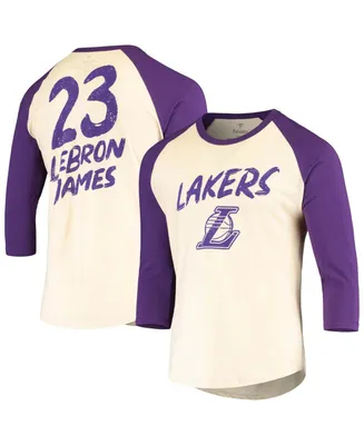 Men's LeBron James Cream and Purple Los Angeles Lakers Raglan 3/4 Sleeve T-shirt