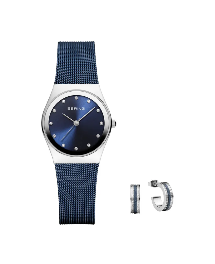 Bering Women's Classic Blue Stainless Steel Milanese Mesh Bracelet Watch 27mm and Crystal Earring Gift Box Set
