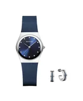 Bering Women's Classic Blue Stainless Steel Milanese Mesh Bracelet Watch 27mm and Crystal Earring Gift Box Set