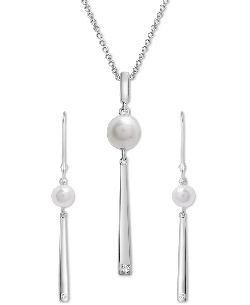 Cultured Freshwater Pearl (6mm) & Diamond Accent Drop 18" Pendant Necklace in Sterling Silver