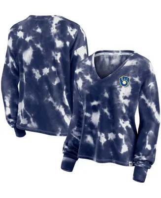 Women's White, Navy Milwaukee Brewers Tie-Dye V-Neck Pullover Cropped Tee