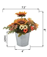 8" Artificial Sunflowers Mix in Tin Pot