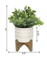 11" Artificial Tea Leaf in 5" Geo Ceramic Footed Pot on Wood Stand