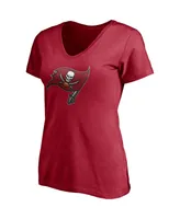 Women's Tom Brady Red Tampa Bay Buccaneers Player Icon Name and Number V-Neck T-Shirt