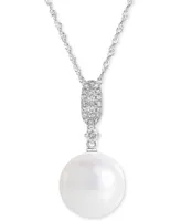 Cultured Freshwater Pearl (10mm) & Diamond (1/6 ct. t.w.) Pendant Necklace in 14k White Gold, 16" + 2" extender