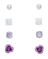 Ball, Clear, Cubic Zirconia and Rose Stud 4-Piece Earrings Set in Fine Silver Plate