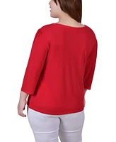 Plus Size 3/4 Sleeve Crepe Knit with Strip Details Top