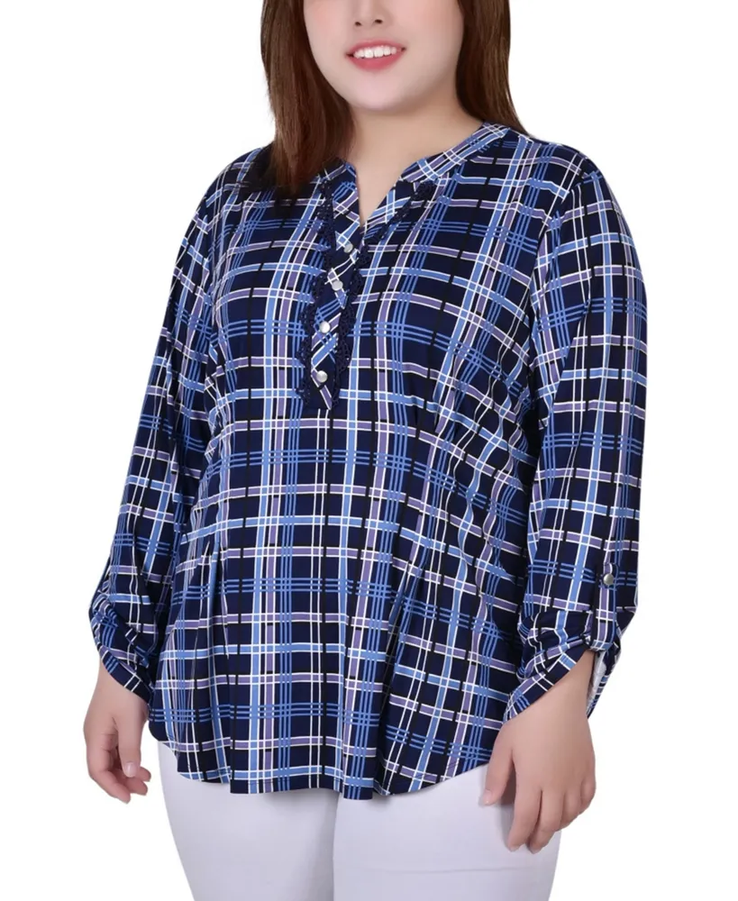 Plus Size Long Sleeve Roll Tab Sleeve Plaid Y-Neck Top