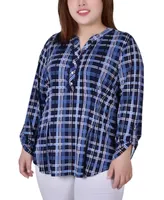 Plus Long Sleeve Roll Tab Plaid Y-Neck Top