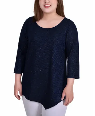 Plus Size 3/4 Sleeve Iridescent Bar Back Top - Blue, Gold