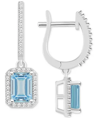 Aquamarine (1-3/4 ct. t.w.) & Diamond (1/3 ct. t.w.) Halo Leverback Drop Earrings in Sterling Silver
