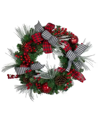 24" Plaid and Hounds tooth and Berries Unlit Artificial Christmas Wreath
