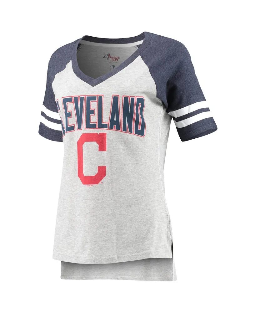 Women's Heathered Gray and Navy Cleveland Indians Team Goal Line Raglan V-Neck T-shirt