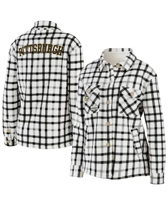 Women's Wear by Erin Andrews Oatmeal Pittsburgh Penguins Plaid Button-Up Shirt Jacket