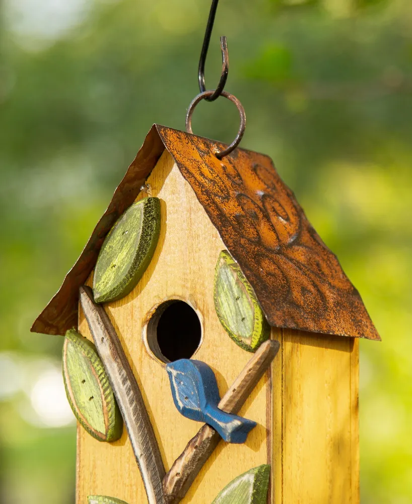 Glitzhome 9.75" Washed Birdhouse with 3D Tree and Bird