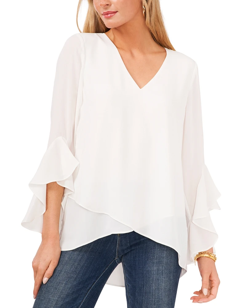 Vince Camuto Women's Printed V-Neck 3/4-Flutter Sleeve Blouse