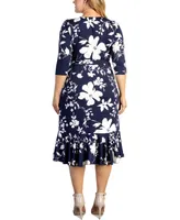 Kiyonna Plus Flirty Flounce Midi Wrap Dress with 3/4 Sleeves