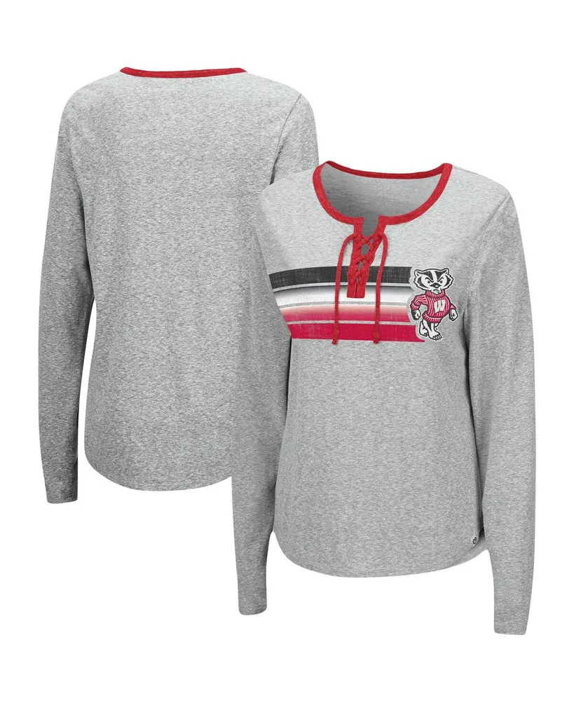 Women's Colosseum Heathered Gray Wisconsin Badgers Sundial Tri-Blend Long Sleeve Lace-Up T-shirt