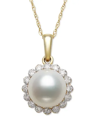 Belle de Mer Cultured Freshwater Pearl (7mm) & Diamond (1/8 ct. t.w.) Halo 18" Pendant Necklace in 14k Gold. Created for Macy's
