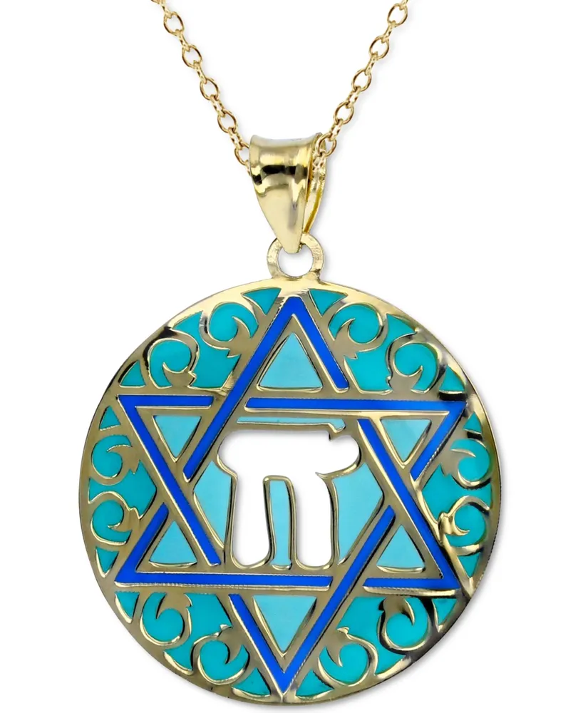 Enamel Star of David and Chai Cutout 18" Pendant Necklace in 14k Gold