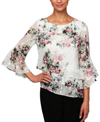 Alex Evenings Petite Tiered Asymmetrical Hem Chiffon Top