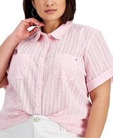 Tommy Hilfiger Plus Size Cotton Crinkled Striped Camp Shirt