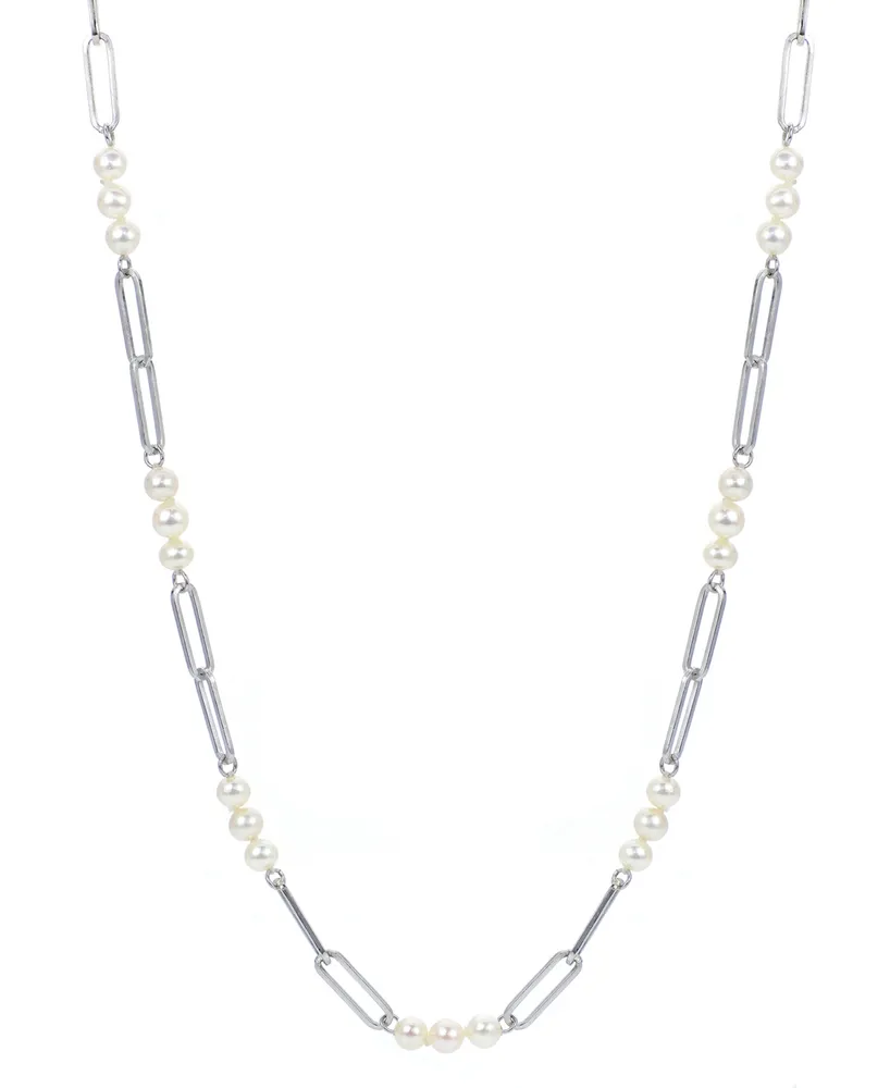 Cultured Freshwater Pearl (4 - 4-1/2mm) Paperclip Link Statement Necklace in Sterling Silver, 18" + 1-1/2" extender