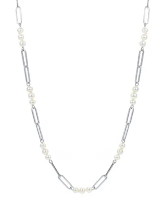 Cultured Freshwater Pearl (4 - 4-1/2mm) Paperclip Link Statement Necklace in Sterling Silver, 18" + 1-1/2" extender