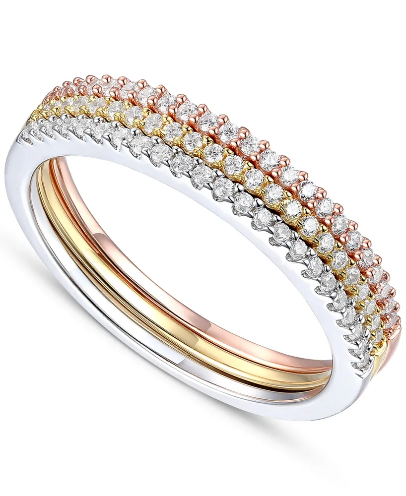 Cubic Zirconia Stack-Look Ring in Sterling Silver, Gold-Plate & Rose Gold-Plate