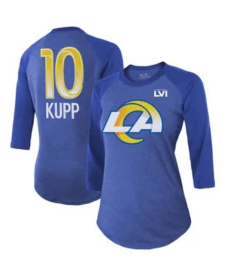 Women's Majestic Cooper Kupp Royal Los Angeles Rams Super Bowl Lvi Bound Name and Number Raglan 3/4 Sleeve T-shirt