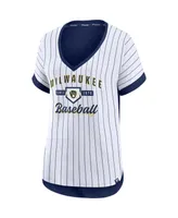 Women's White, Navy Milwaukee Brewers Iconic Noise Factor Pinstripe V-Neck T-shirt