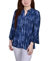 Ny Collection Petite 3/4 Bell Sleeve Printed Pleat Front Y-neck Top