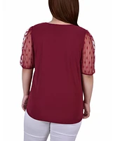 Plus Size Elbow Sleeve Crepe Top with Mesh Dotted Sleeves