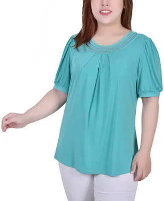 Plus Short Puff Sleeve Sheer Inset Top