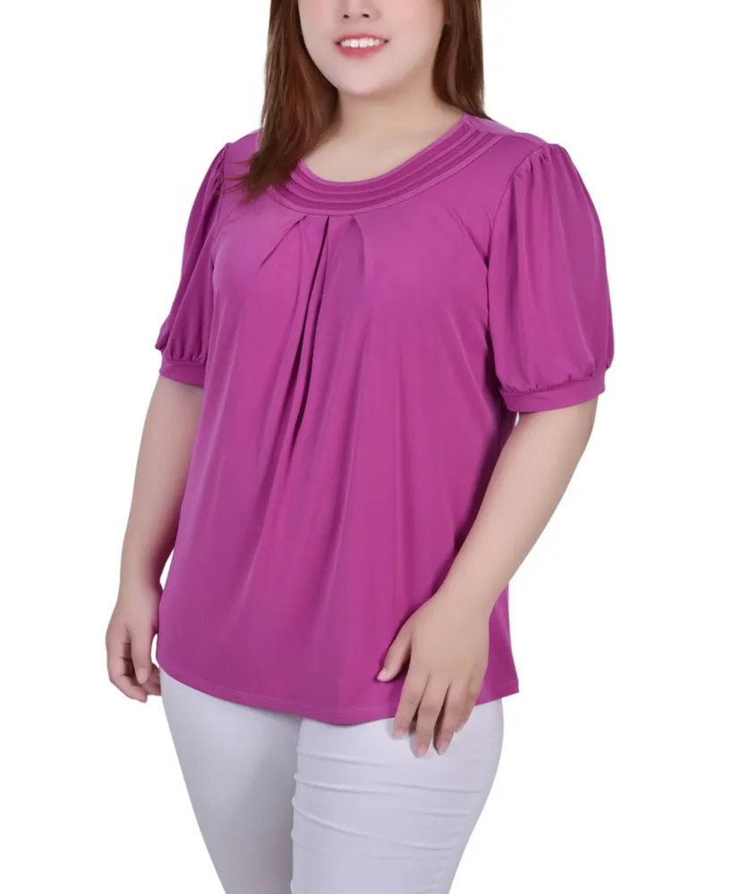 Plus Short Puff Sleeve Sheer Inset Top