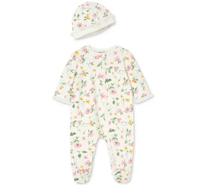 Little Me Baby Girls Floral Footed Coverall and Hat, 2 Piece Set