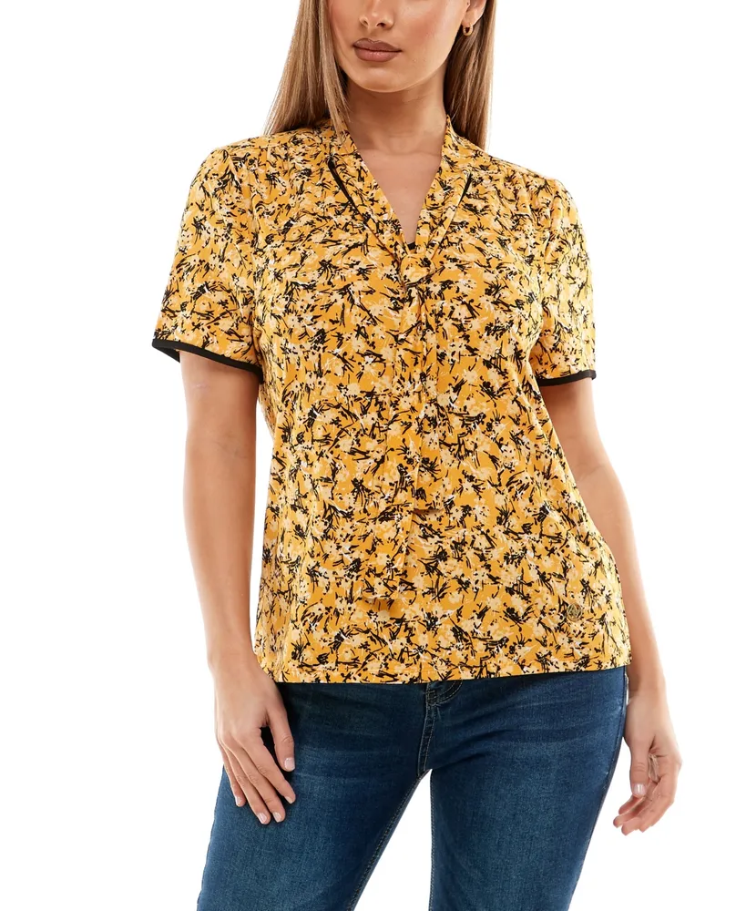 Adrienne Vittadini Women's Short Sleeve V-Neck Top with Neck Tie - Mary  Ditsy Golden