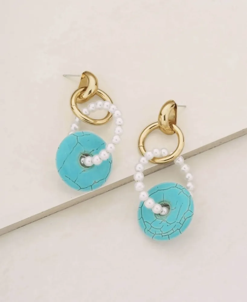 Ettika Imitation Pearl and Turquoise Donut Drop Earrings - Gold