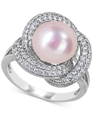 Pink Cultured Freshwater Pearl (10-1/2mm) & Cubic Zirconia Love Knot Statement Ring Sterling Silver