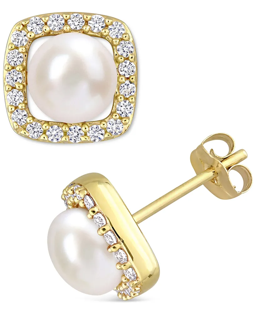 Cultured Freshwater Pearl (6mm) & Lab-Created White Sapphire (3/8 ct. t.w.) Square Halo Stud Earrings in 10k Gold