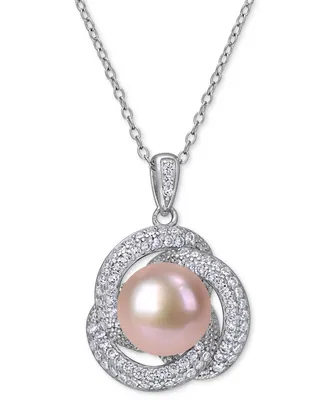 Pink Cultured Freshwater Pearl (10-1/2mm) & Cubic Zirconia Love Knot 18" Pendant Necklace in Sterling Silver