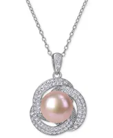Pink Cultured Freshwater Pearl (10-1/2mm) & Cubic Zirconia Love Knot 18" Pendant Necklace in Sterling Silver