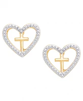 Diamond Accent Cross Heart Stud Earrings 14K Gold Plate and Fine Silver