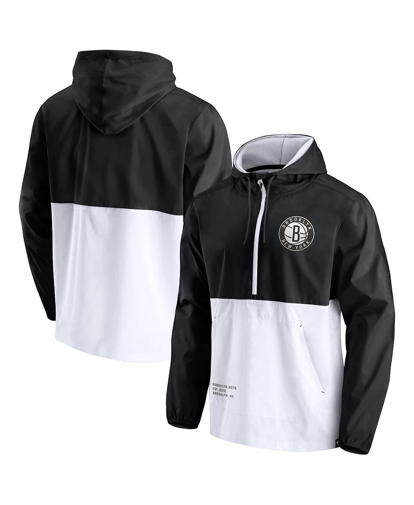 Men's Fanatics Black, White Brooklyn Nets Anorak Block Party Windbreaker Half-Zip Hoodie Jacket