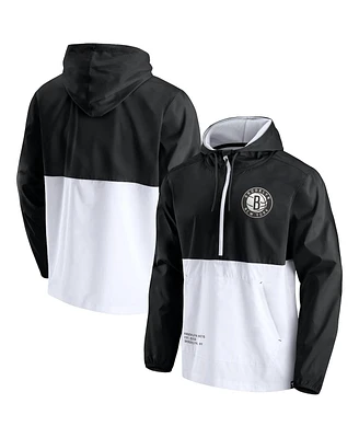 Men's Fanatics Black, White Brooklyn Nets Anorak Block Party Windbreaker Half-Zip Hoodie Jacket