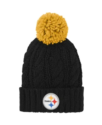 Big Girls Black Pittsburgh Steelers Team Cable Cuffed Knit Hat with Pom